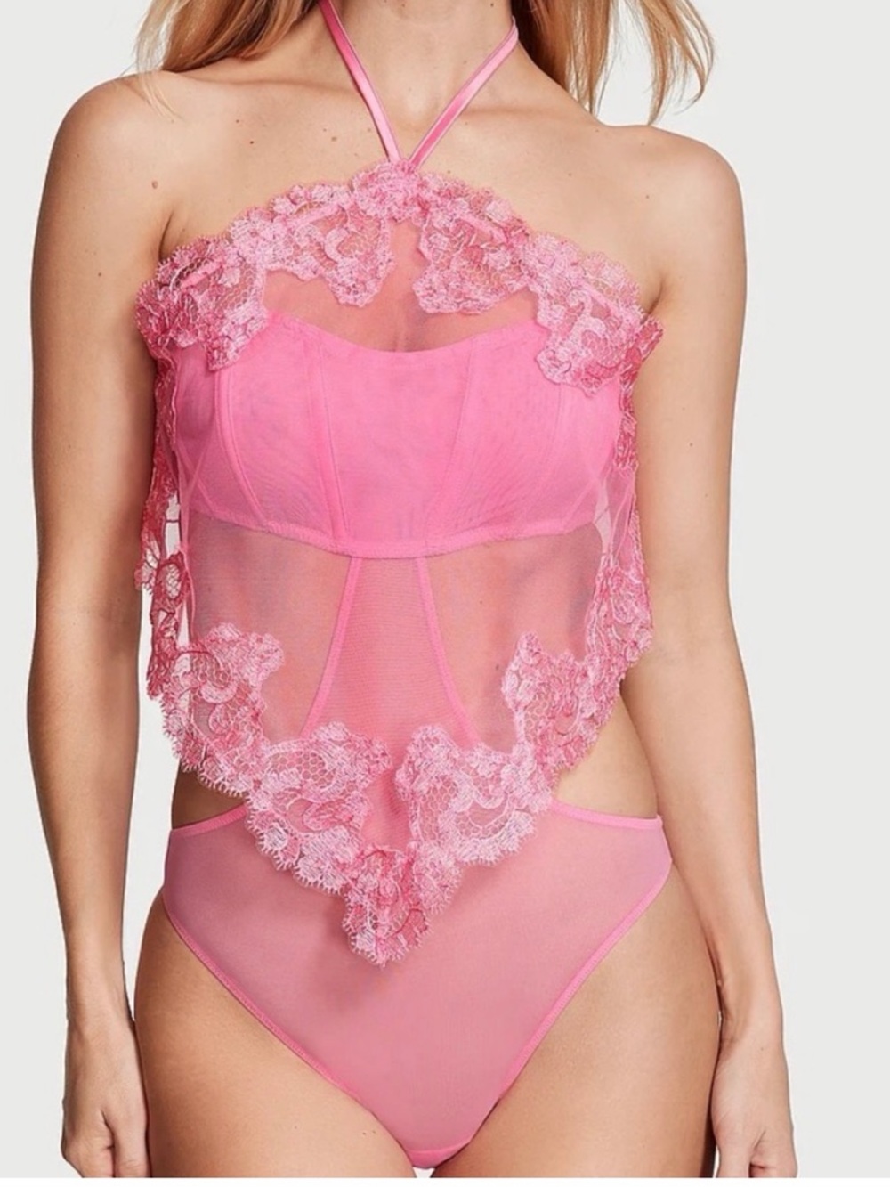 NWT Victoria’s Secret Sheer Boho Floral Embroidery Halter-Neck Teddy